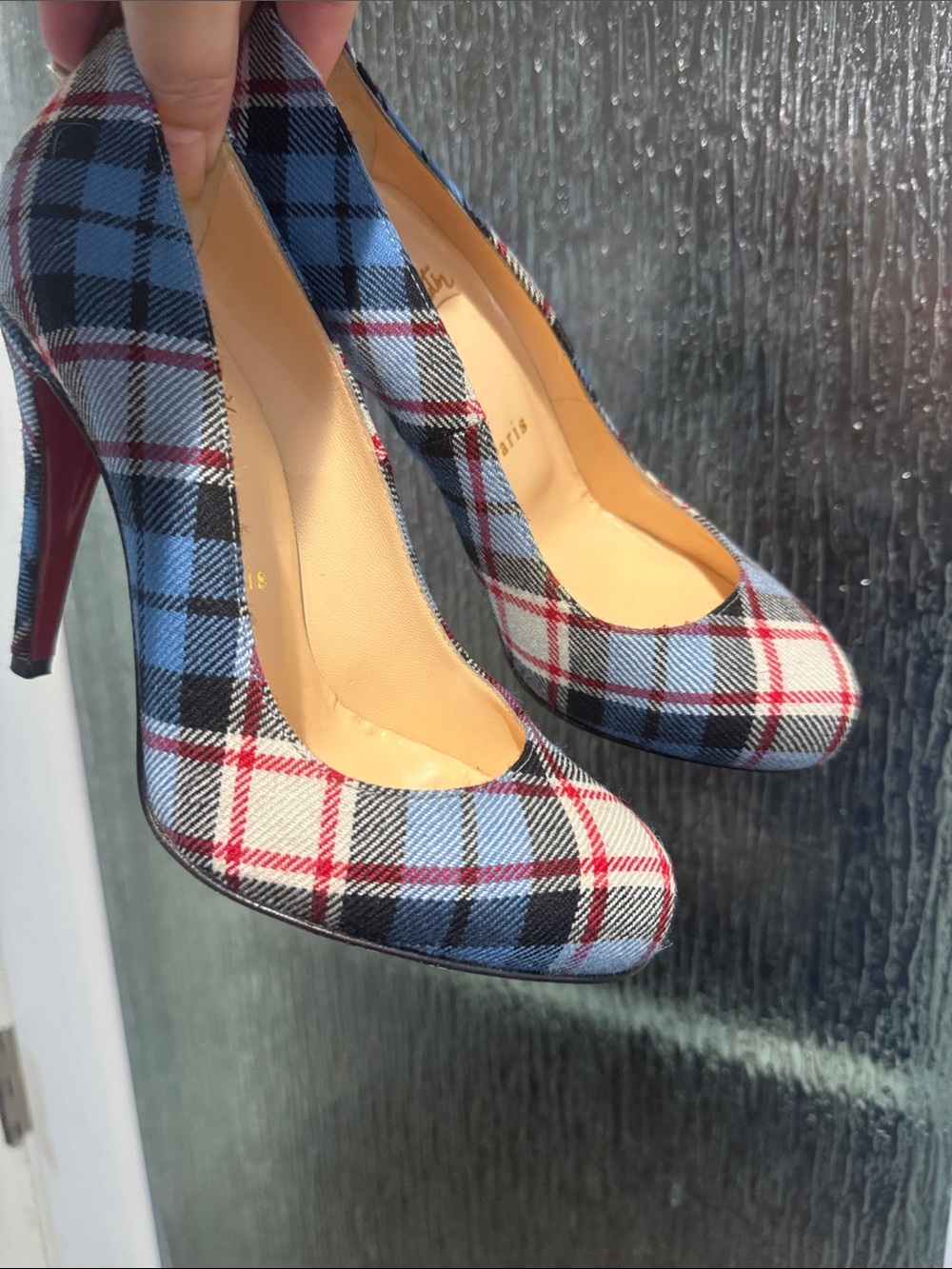 Christian Louboutin/Blue Plaid/Round Toe Heels/ NEVER WORN! Like NEW! NWOT!